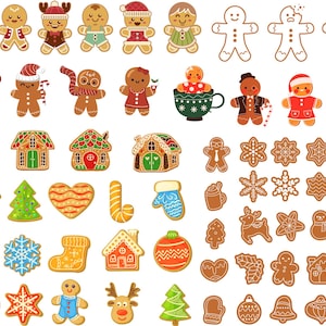 Op de afbeelding: Een verzameling illustraties van peperkoekkoekjes, waaronder peperkoekpoppetjes, huisjes, sterren, sneeuwvlokken en kerstboomkoekjes. De koekjes zijn versierd met kleurrijk glazuur en sprankelende decoraties.