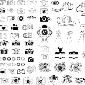 May include: A black and white illustration of various camera icons, including a camera with a lens, a camera with a heart, a camera with a film strip, a camera with a tripod, a camera with a flash, a camera with a flower, and a camera with a hand holding it.