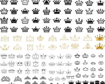 May include: A collection of 100 black and gold crown illustrations. The crowns are in various styles and designs, including simple, ornate, and whimsical.
