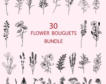 May include: A set of 30 black and white line drawings of various flower bouquets. The text "30 FLOWER BOUQUETS BUNDLE" is written in red at the center of the image.