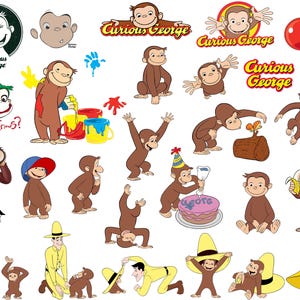 Può includere: Una collezione di illustrazioni di Curious George. Le immagini presentano la scimmia dei cartoni animati in varie pose, tra cui tenere in mano palloncini, dipingere e indossare un cappello da festa. Le immagini includono anche il logo di Curious George e la frase "Why So Curious?"