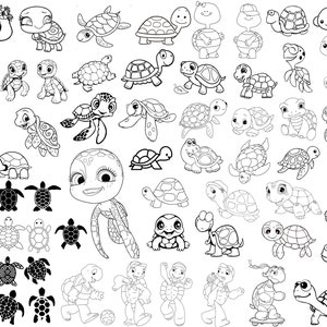 Puede incluir: Una colección de dibujos en blanco y negro de tortugas en varias poses. Algunas tortugas llevan sombreros, otras llevan flores y otras nadan. Los dibujos son simples y caprichosos.