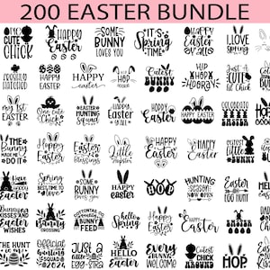 Puede incluir: Una imagen de diseño gráfico en blanco y negro con 200 archivos de corte SVG con temática de Pascua. La imagen presenta una variedad de diseños con conejos, huevos y saludos de Pascua. El texto incluye frases como "Feliz Pascua", "Pascua alegre" y "Un pollito lindo".