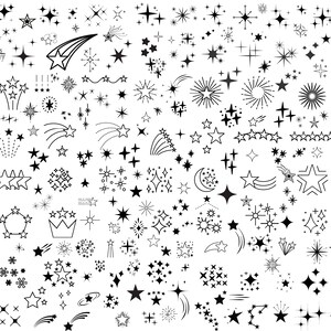 May include: A large collection of black and white star and sparkle illustrations. The stars are in various shapes and sizes, including shooting stars, twinkling stars, and starbursts.