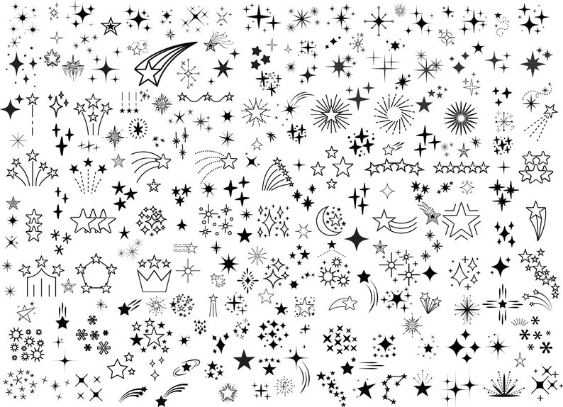 May include: A large collection of black and white star and sparkle illustrations. The stars are in various shapes and sizes, including shooting stars, twinkling stars, and starbursts.