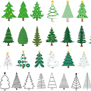 May include: A collection of 30 different Christmas tree illustrations. The trees are in various styles, including traditional, modern, and abstract. Some trees are decorated with baubles, while others are plain. The trees are all green, except for one that is white.