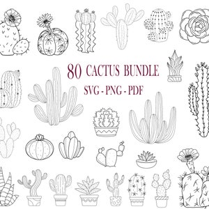 May include: A set of 80 black and white cactus illustrations. The illustrations are in a variety of styles, including cartoon, realistic, and geometric. The text "80 Cactus Bundle SVG-PNG-PDF" is written in the center of the image.