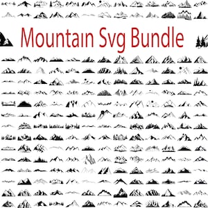 Op de afbeelding: Een grote verzameling van 100 zwart-witte SVG-bestanden van bergketens. De bergen zijn in verschillende stijlen en maten. De tekst "Mountain Svg Bundle" staat in rood bovenaan de afbeelding.