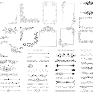 May include: A set of 25 black and white hand-drawn floral borders, frames, and dividers. The designs include swirls, leaves, flowers, hearts, and arrows.