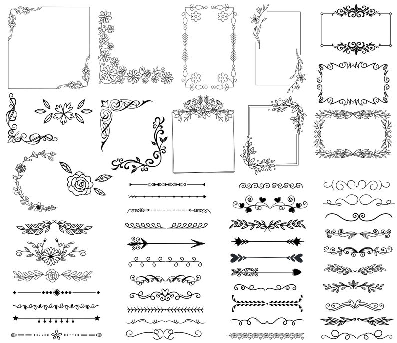 May include: A set of 25 black and white hand-drawn floral borders, frames, and dividers. The designs include swirls, leaves, flowers, hearts, and arrows.