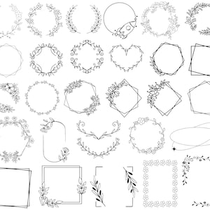 May include: A collection of 28 black and white floral and geometric frames. The frames are perfect for adding a touch of elegance to any project.