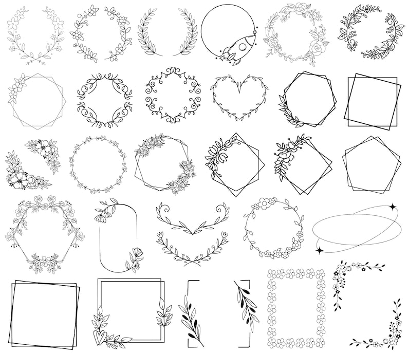 May include: A collection of 28 black and white floral and geometric frames. The frames are perfect for adding a touch of elegance to any project.