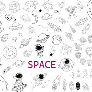 May include: Black and white line art illustration of space-themed objects, including planets, stars, rockets, astronauts, and a satellite. The word "SPACE" is written in bold, purple letters at the bottom of the image.