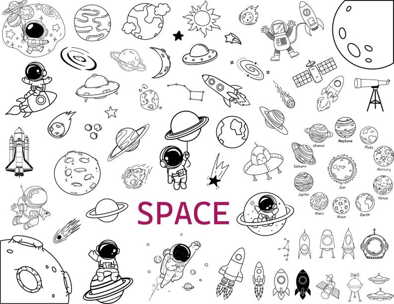 May include: Black and white line art illustration of space-themed objects, including planets, stars, rockets, astronauts, and a satellite. The word "SPACE" is written in bold, purple letters at the bottom of the image.