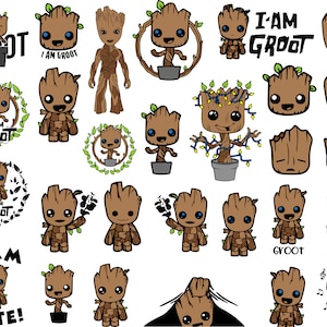 Könnte beinhalten: Eine Sammlung von 24 digitalen Clipart-Bildern mit dem Cartoon-Charakter Groot aus dem Marvel-Franchise Guardians of the Galaxy. Die Bilder zeigen Groot in verschiedenen Posen und Ausdrücken, darunter lächelnd, stirnrunzelnd und tanzend. Die Bilder sind im Cartoon-Stil gehalten und eignen sich für den Einsatz in digitalen Projekten wie Scrapbooking, Kartenherstellung und Webdesign.