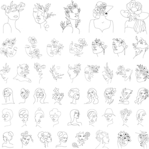 Peut inclure: Une collection de 40 illustrations de visages en ligne avec des éléments floraux. Les visages sont dessinés dans un style minimaliste avec des lignes et des courbes simples. Les fleurs sont délicates et complexes, ajoutant une touche de beauté et de féminité aux motifs.