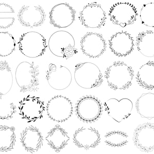 May include: A set of 36 black and white floral wreath frames. The frames are in various shapes, including circles, ovals, hearts, and squares. Some frames have simple designs, while others have more intricate details.