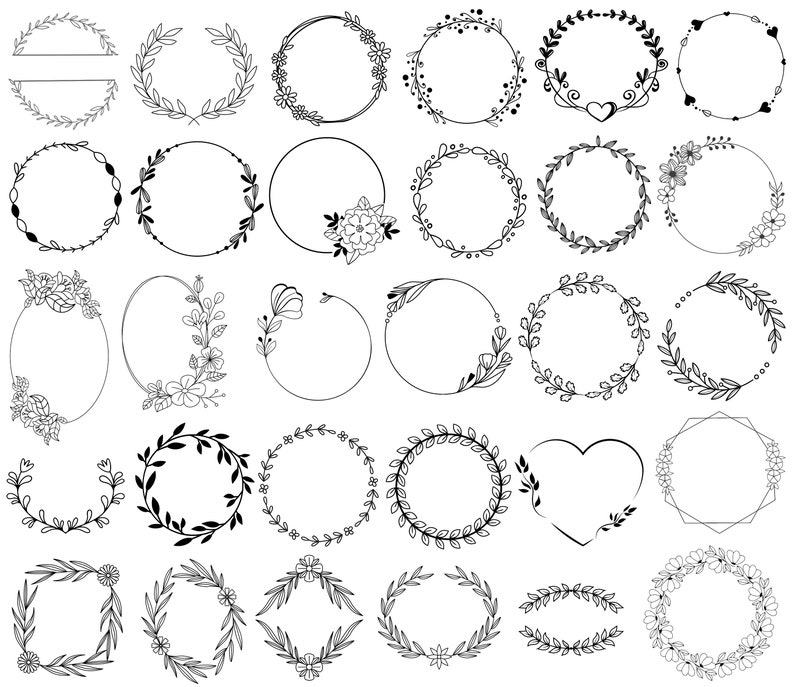 May include: A set of 36 black and white floral wreath frames. The frames are in various shapes, including circles, ovals, hearts, and squares. Some frames have simple designs, while others have more intricate details.
