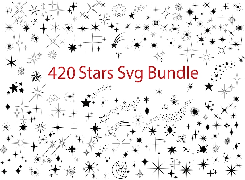 May include: A collection of 420 black and white star SVG designs. The stars are of various sizes and shapes, including shooting stars, twinkling stars, and simple star outlines.