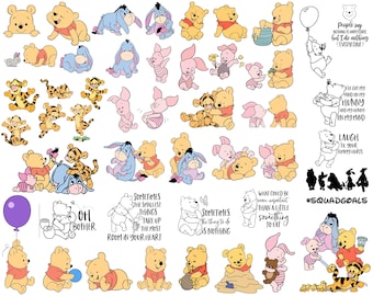 May include: A collection of Winnie the Pooh characters in various poses. The image includes illustrations of Pooh, Piglet, Eeyore, Tigger, and other characters. Some images include text such as "Oh Bother" and "#SquadGoals".