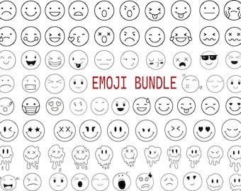 May include: A collection of hand-drawn emoji faces in black and white. The emoji expressions include smiling, crying, winking, and wearing sunglasses. The text "EMOJI BUNDLE" is in red. These are perfect for digital art and social media.