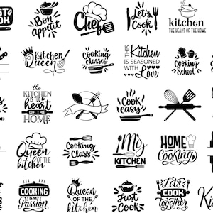 Puede incluir: Ilustraciones en blanco y negro de frases y diseños con temática de cocina. Algunas de las frases incluyen "Just Cook", "Bon Appetit", "Chef", "Let's Cook", "Kitchen", "Clases de cocina", "Esta cocina está sazonada con amor", "Escuela de cocina", "Esta cocina es para bailar", "Cursos de cocina", "La cocina es el corazón del hogar", "Cocinar fácil", "Esta cocina está sazonada con amor", "Reina de la cocina", "Clase de cocina", "Mi cocina", "Cocina casera", "El chef siempre tiene razón", "Cocinar es mi pasión", "Reina de la cocina", "Solo cocinar", "Cocinemos juntos", "Cocina".