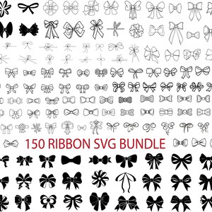 Op de afbeelding: Een verzameling van 150 zwart-witte lint-SVG-ontwerpen. De linten zijn in verschillende vormen en maten, waaronder strikken, lussen en spiralen. De ontwerpen zijn perfect voor het maken van digitale knutselwerken, scrapbooking en andere creatieve projecten.