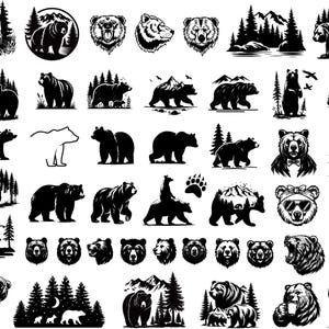 Può includere: Una collezione di illustrazioni di silhouette di orsi in bianco e nero. Gli orsi sono in varie pose, tra cui in piedi, seduti e in cammino. Alcuni orsi indossano cappelli o occhiali da sole. Le illustrazioni sono perfette per l'uso in artigianato, scrapbooking o design digitale.