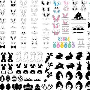 Könnte beinhalten: Ein Satz schwarzer und weißer Hasenillustrationen, einschließlich Hasengesichter, Ohren und Ganzkörpersilhouetten. Das Set enthält auch eine Karotte, Eier und den Text "Frohe Ostern".
