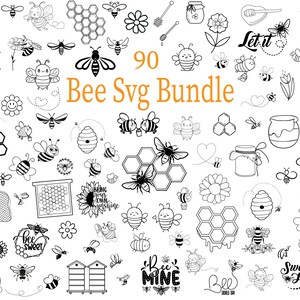Puede incluir: Un conjunto de 90 archivos SVG en blanco y negro con temática de abejas. Las imágenes incluyen abejas, panales, tarros de miel, flores y texto como "Let it bee", "Sweet can bee", "Bee sweet", "Bee mine" y "Sweet Honey".
