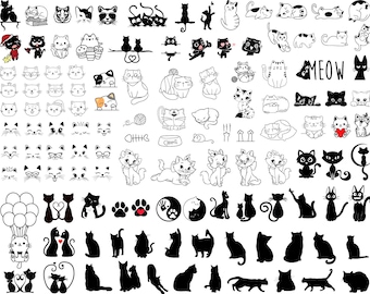 以下が含まれることがあります： 白黒の猫のイラストの大きなコレクション。イラストは、寝ている、遊んでいる、座っているなど、さまざまなポーズの猫を描いています。画像の中央には「MEOW」という言葉が書かれています。