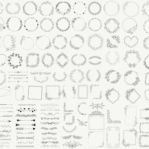 以下が含まれることがあります： 黒と白の手描きの花輪、フレーム、ボーダー、ディバイダーのセット。デザインには、円、正方形、ハート、矢印が含まれています。