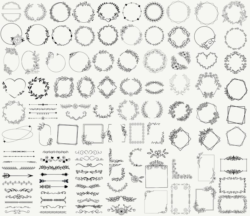 May include: A set of 70 black and white hand-drawn floral wreaths, frames, borders, and dividers. The designs include circles, squares, hearts, and arrows.