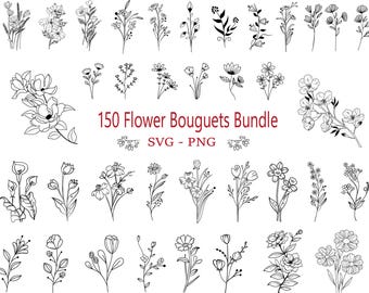 May include: A collection of 150 black and white line art flower bouquets. The bouquets are arranged in rows and include a variety of flowers, such as roses, lilies, and daisies. The text "150 Flower Bouquets Bundle SVG - PNG" is displayed in red at the center of the image.