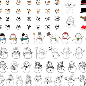 May include: A set of 50 black and white illustrations of snowmen with various facial expressions, hats, scarves, and accessories. The illustrations are perfect for creating holiday cards, gift tags, or other festive crafts.