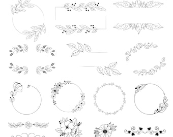 Könnte beinhalten: Ein Satz von 16 schwarzen und weißen floralen Designelementen, darunter Kränze, Rahmen und Trennlinien. Diese Elemente können für Hochzeitseinladungen, Grußkarten und andere dekorative Zwecke verwendet werden.