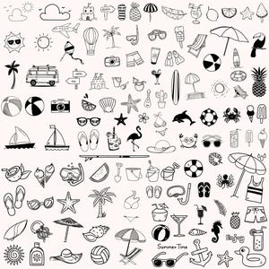 May include: A black and white illustration set of summer vacation icons. The set includes images of a beach, sun, sunglasses, flip flops, ice cream, a surfboard, a beach umbrella, a seashell, a starfish, a crab, a flamingo, a palm tree, a pineapple, a coconut, a beach ball, a life preserver, a sailboat, a sandcastle, a hotel sign, a camera, a swimsuit, a snorkel, a bucket, a shovel, a beach towel, a drink with an umbrella, a seahorse, an anchor, a rubber duck, and more.
