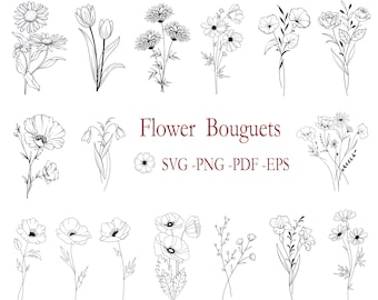 50 blombukett Svg-paket, bukett svg, blomma svg, blom-svg, blombukett svg, bröllop svg, botanisk clipart, födelsemånad Svg-paket