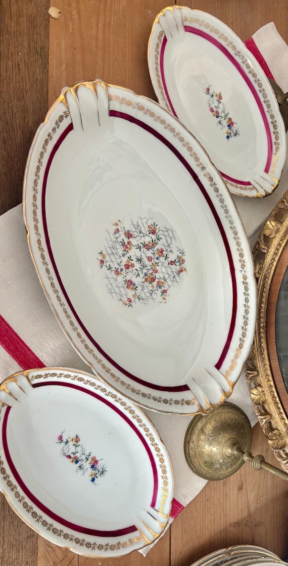 Vintage Limoges Porcelain Serving Set, Maroon & Gold Floral, 1940s