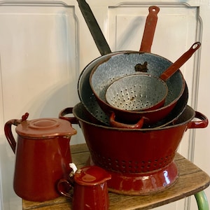 Vintage French enamel collinder and jug sets
