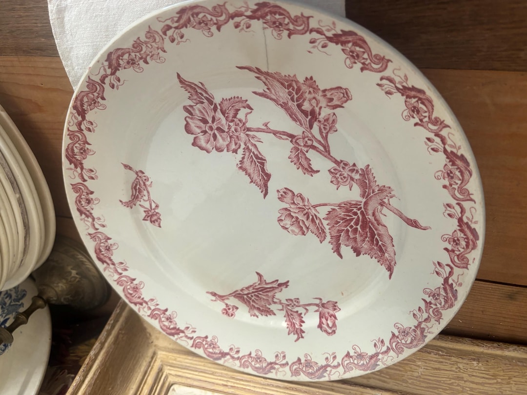 Antique French St Amand Richel Dinner Plate, Red Floral