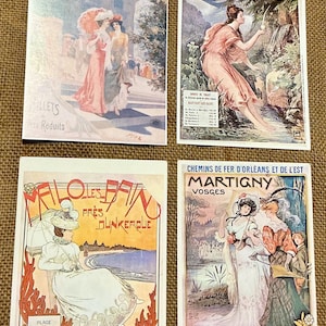 Puede incluir: Cuatro carteles de viaje vintage con ilustraciones de estilo Art Nouveau. Los carteles anuncian destinos como Vichy, Martigny y Dunkerque. Cada cartel muestra figuras elegantes con ropa de época, con colores vibrantes y obras de arte detalladas. Los carteles son rectangulares e impresos en papel.