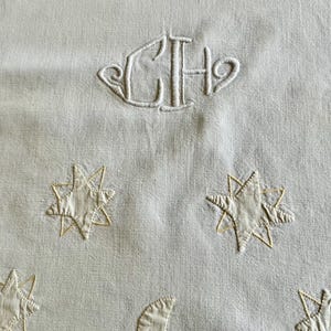 Ett vackert franskt linnelakan för barn med monogram CH i vitt och omgivet av månar och stjärnfall i citron.