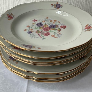 Um belo conjunto de sete pratos vintage de porcelana francesa Limoges de alta qualidade com motivos florais.