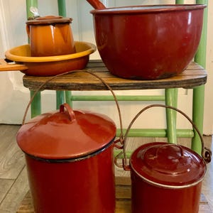 Vintage French enamel rustic pans and jug