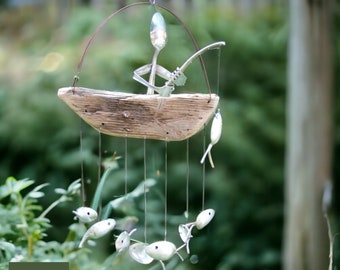 Carillon éolien de pêcheur - Décoration de jardin de pêcheur - Ornements de jardin - Carillon éolien suspendu - Moulin à vent - Carillon éolien en bois - Décoration extérieure