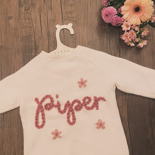 Name Flower Cardigan. Kids Personalised Cardigan With Flower. Childs Name Cardi. Newborn Personalised Knit Cardigan. Baby Announcement Cardi