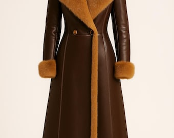 May include: A long, brown leather coat with a tan fur collar, cuffs, and trim. The coat features a double-breasted design with two buttons and a flared skirt. The coat's length is approximately 55 inches.