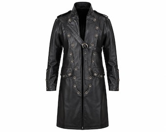 Cappotto nero in pelle fatto a mano ispirato ai pirati, trench gotico steampunk, costume per fiere rinascimentali, cappotto LARP da uomo