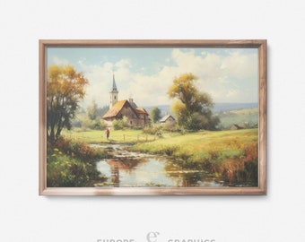 Riverside Repose - Church Artwork Oil Painting, Rustic Painting, Vintage Oil Painting, House Warming Gift, Church Painting, Canvasprint